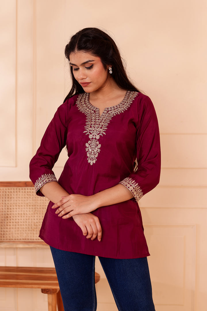 Plum Chanderi Silk Short Kurti Top with Gold Thread Work.
