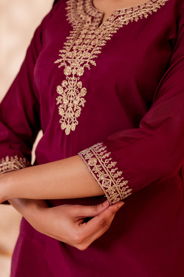 Plum Chanderi Silk Short Kurti Top with Gold Thread Work.