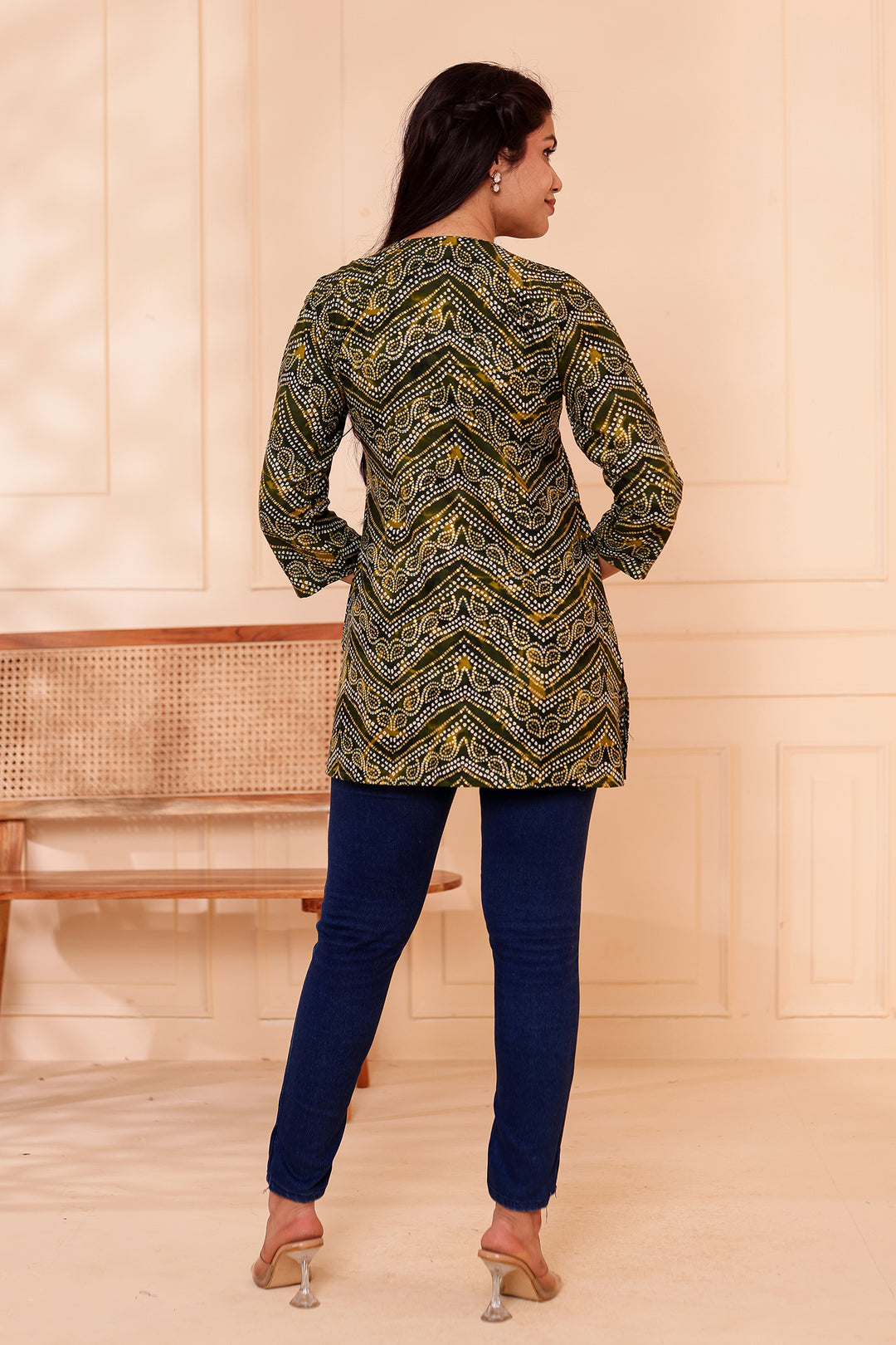 Green Soft Rayon Bandhani Print Short Kurti Top.