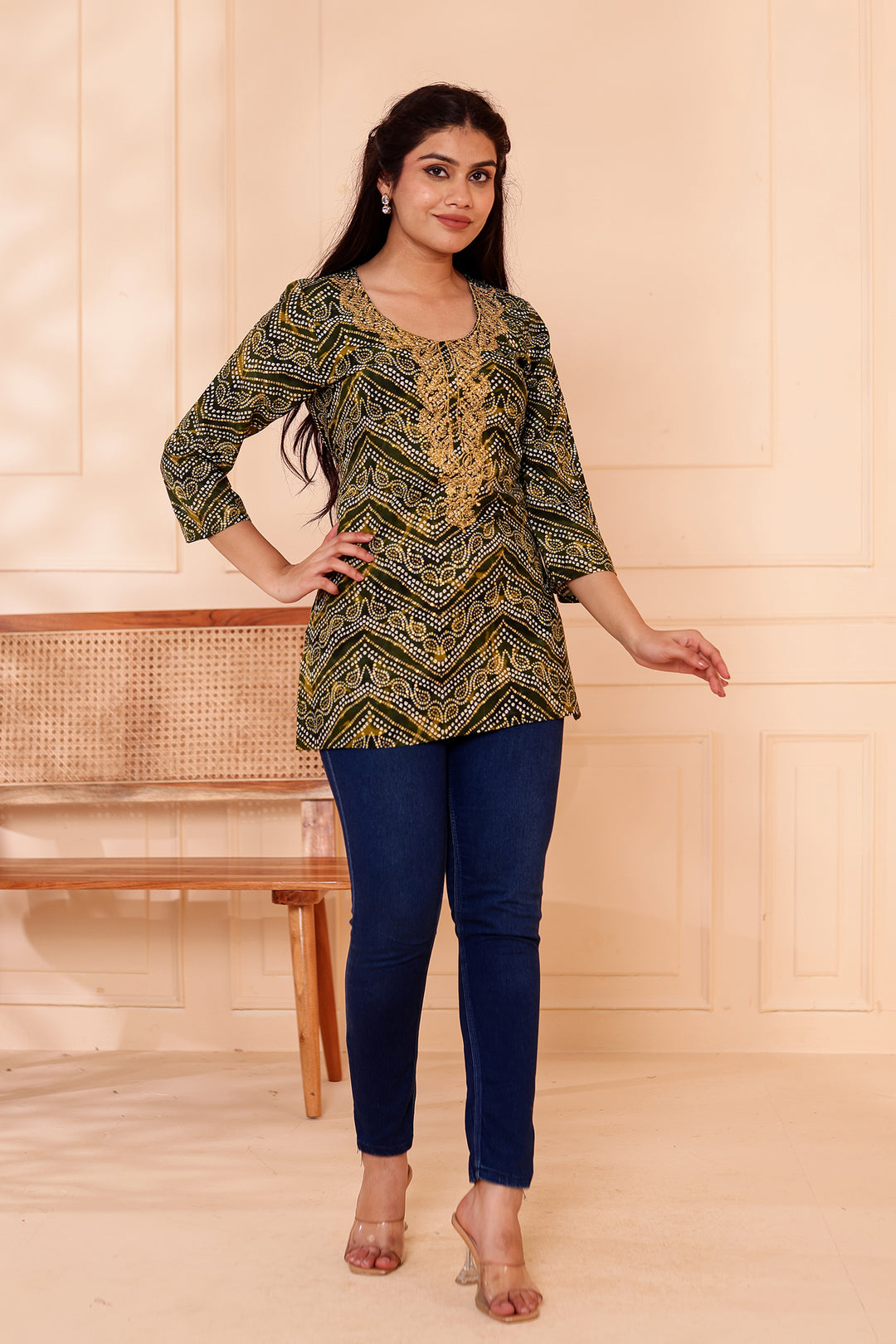 Green Soft Rayon Bandhani Print Short Kurti Top.