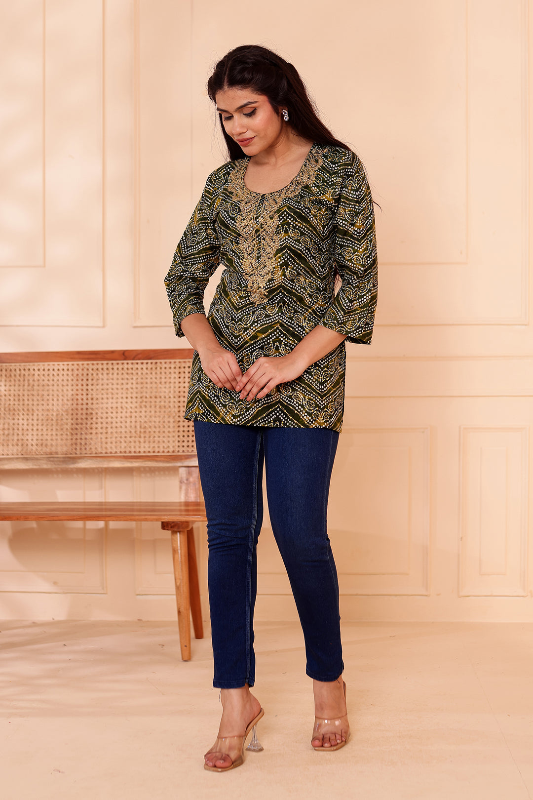 Green Soft Rayon Bandhani Print Short Kurti Top.