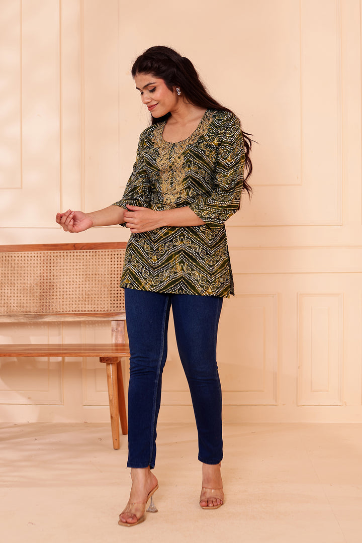 Green Soft Rayon Bandhani Print Short Kurti Top.