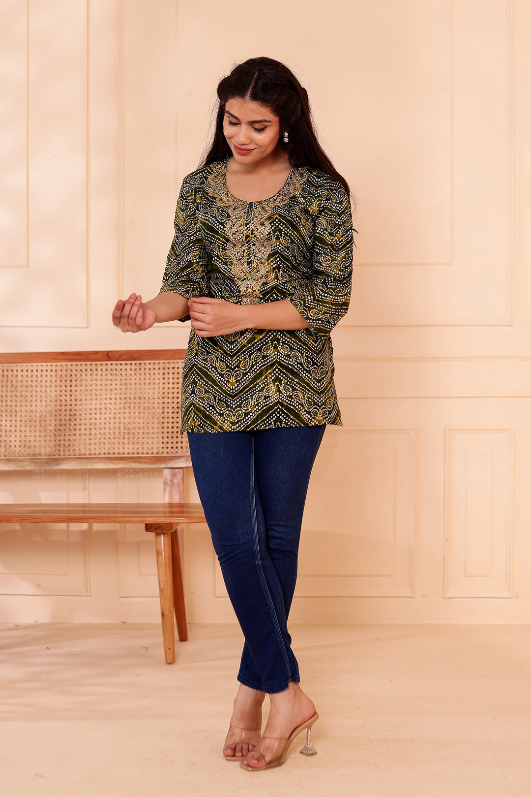Green Soft Rayon Bandhani Print Short Kurti Top.