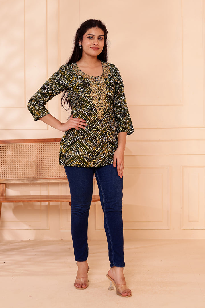 Green Soft Rayon Bandhani Print Short Kurti Top.