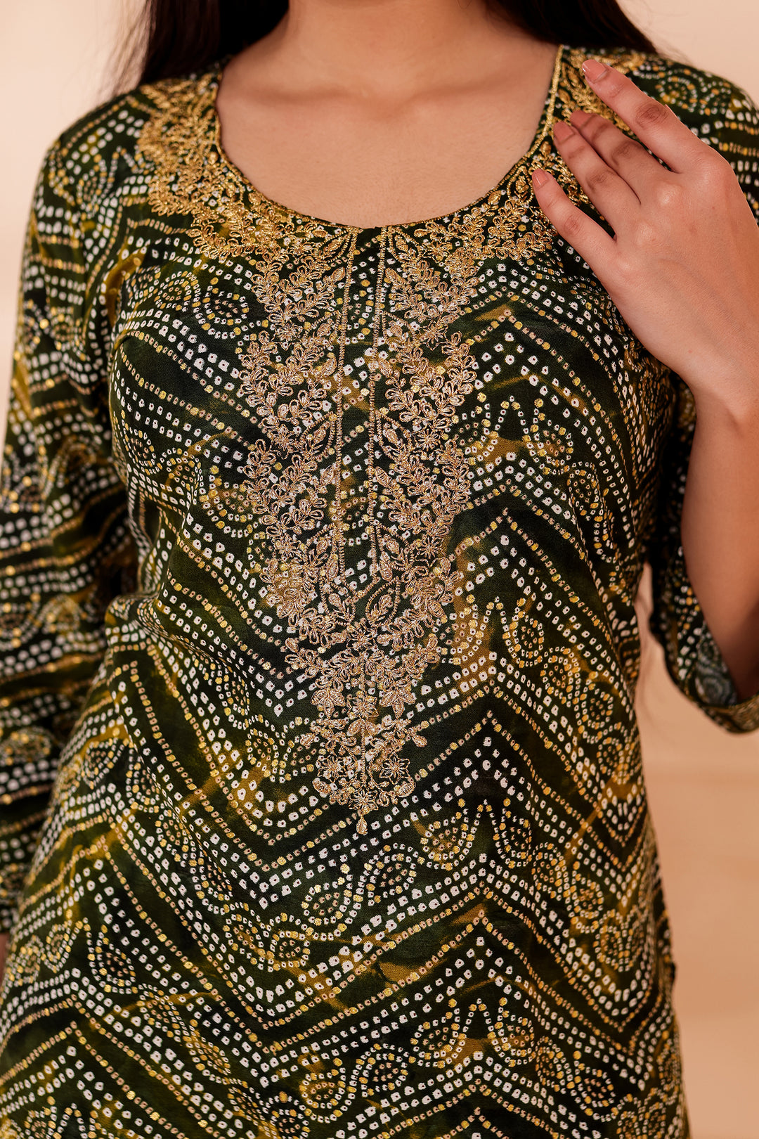 Green Soft Rayon Bandhani Print Short Kurti Top.