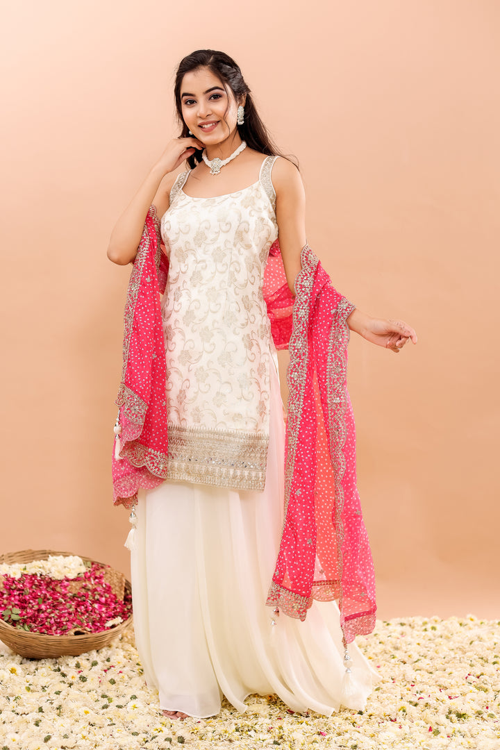 Off white/Pink Georgette Sharara Suit