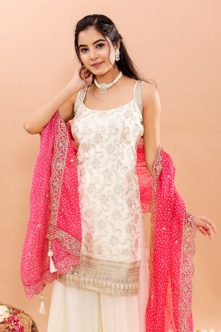 Off white/Pink Georgette Sharara Suit