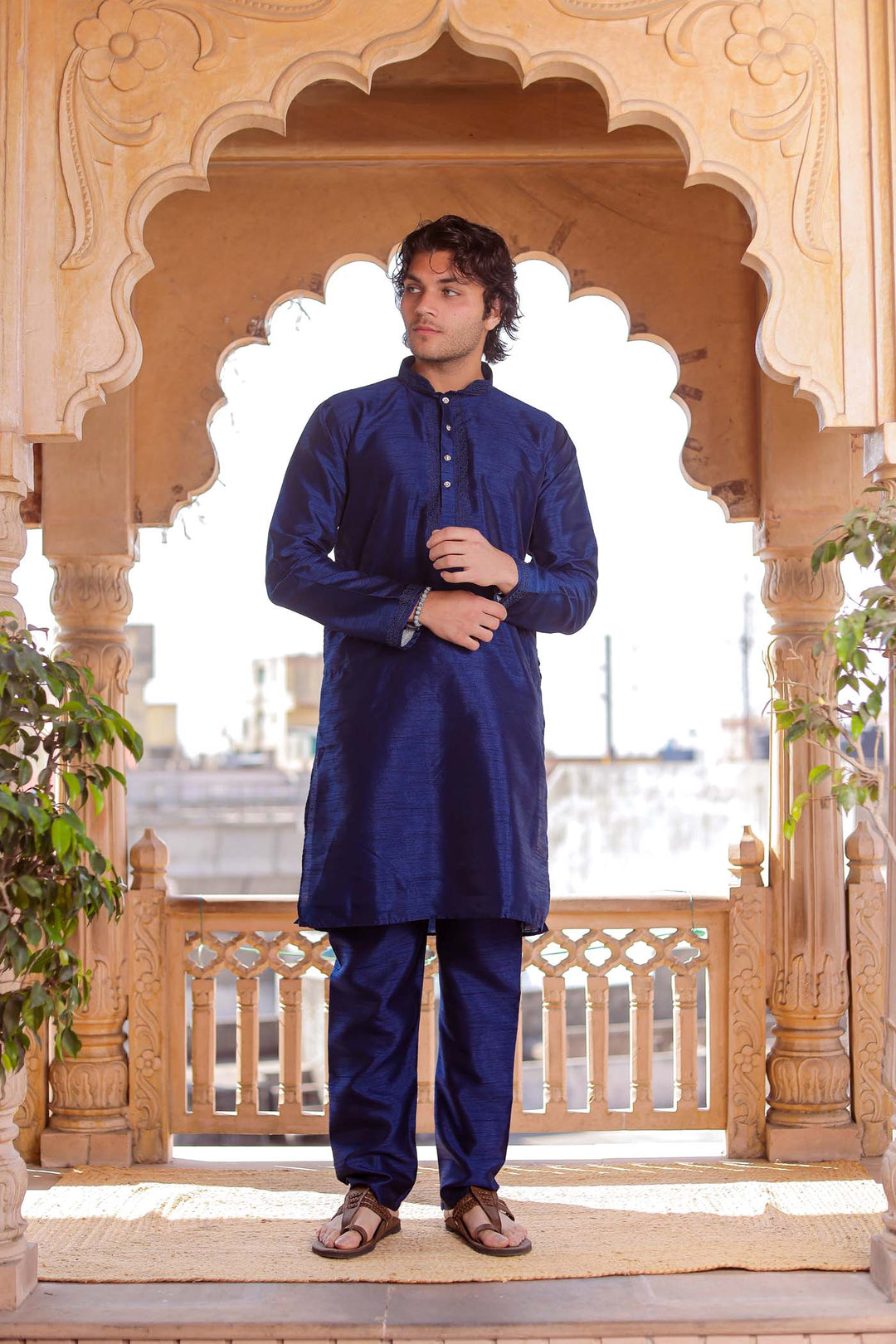 Navy Blue Dupion Silk Kurt Suit.