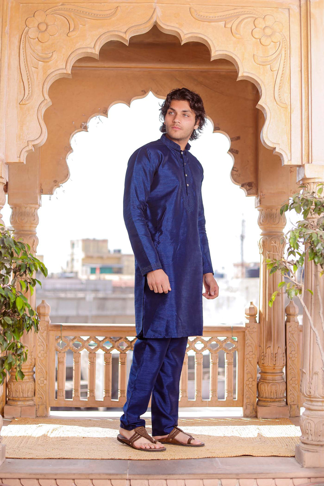 Navy Blue Dupion Silk Kurt Suit.