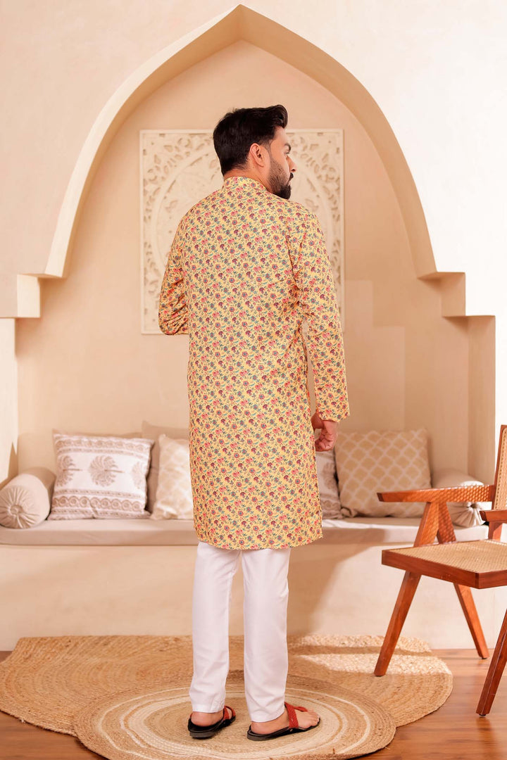 Yellow Floral Print Silk Kurta Suit.