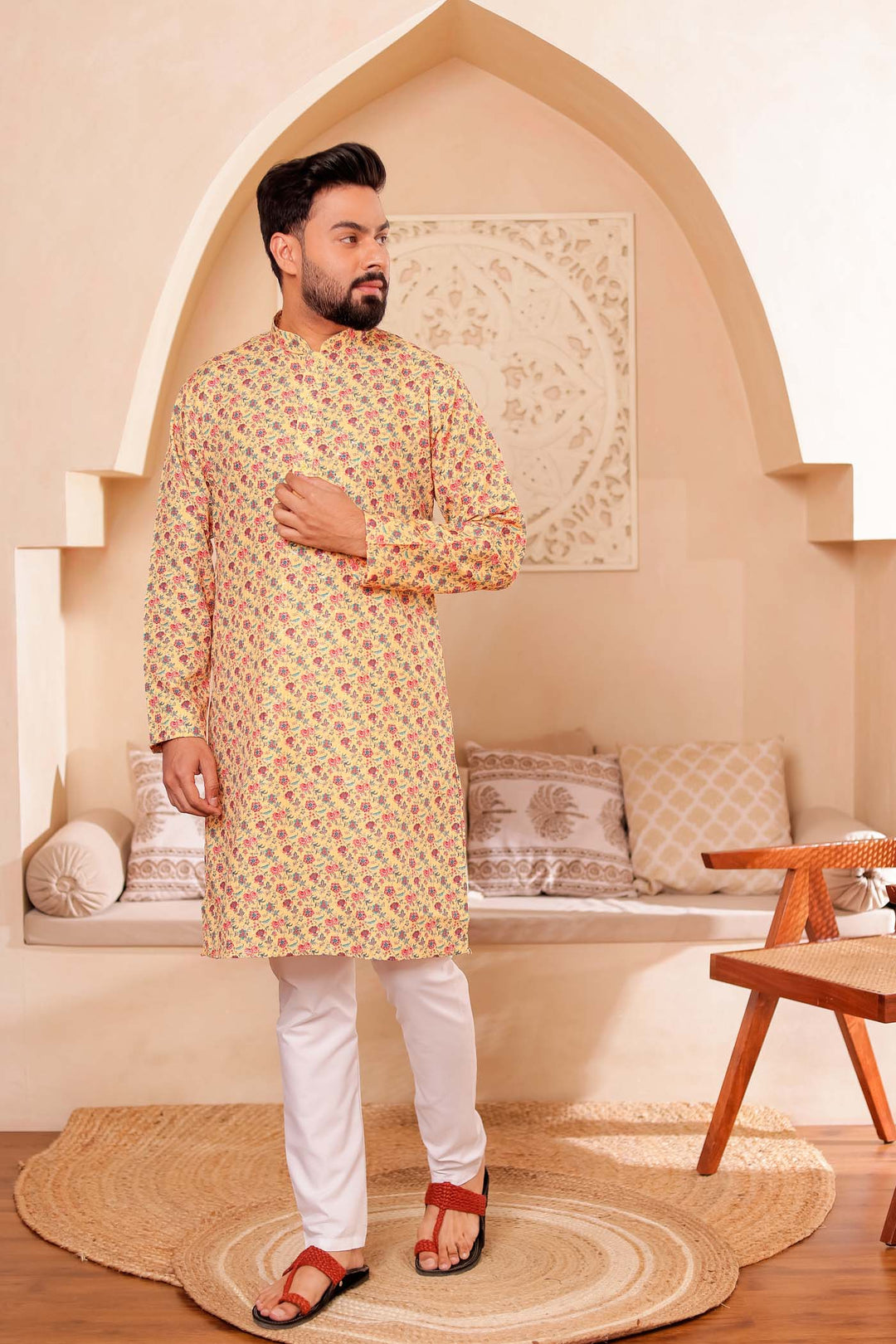 Yellow Floral Print Silk Kurta Suit.