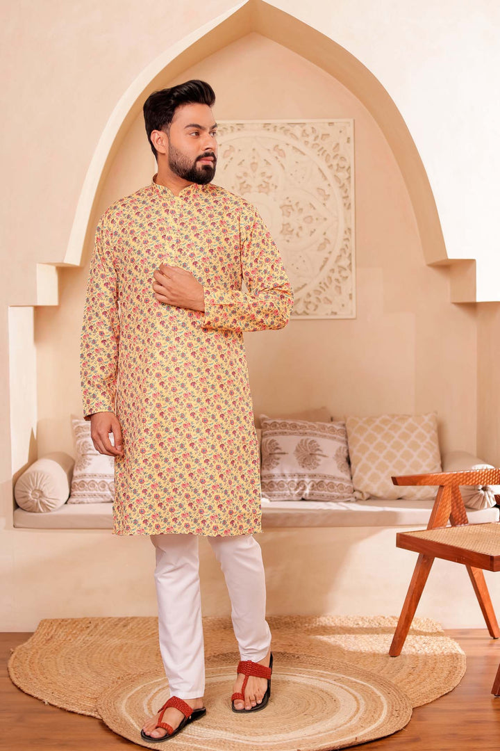 Yellow Floral Print Silk Kurta Suit.