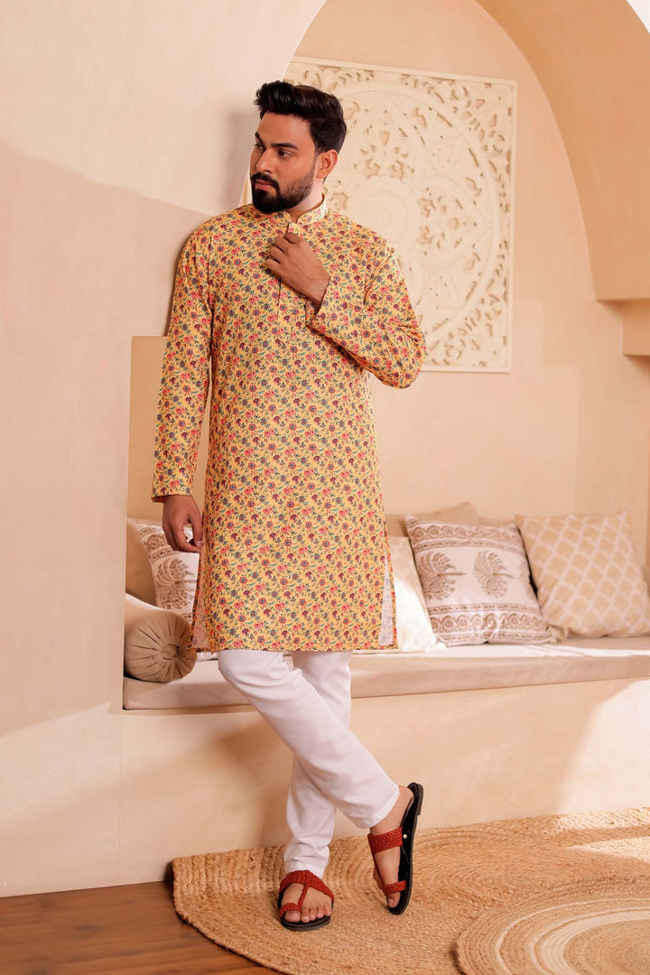 Yellow Floral Print Silk Kurta Suit.