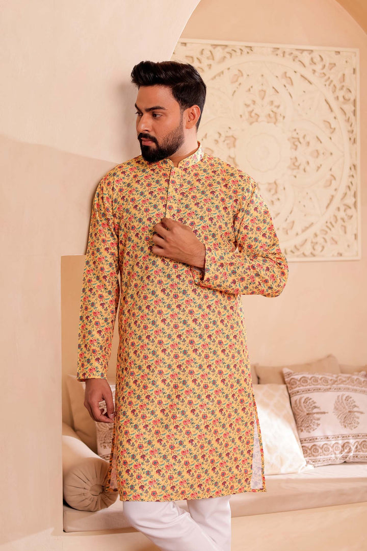 Yellow Floral Print Silk Kurta Suit.