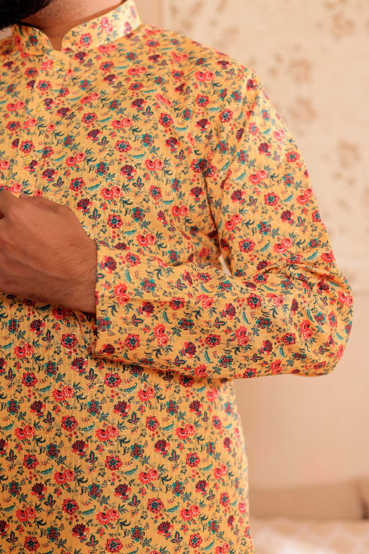 Yellow Floral Print Silk Kurta Suit.