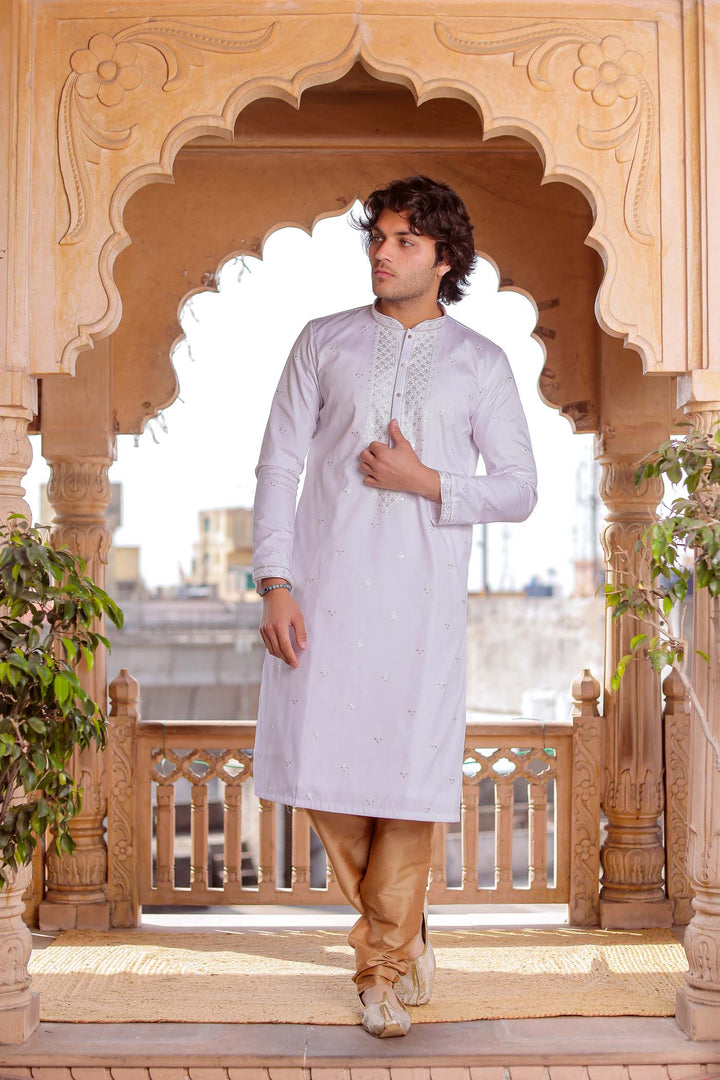 White Rayon Silk Kurta Suit With Sequin Embroidery.