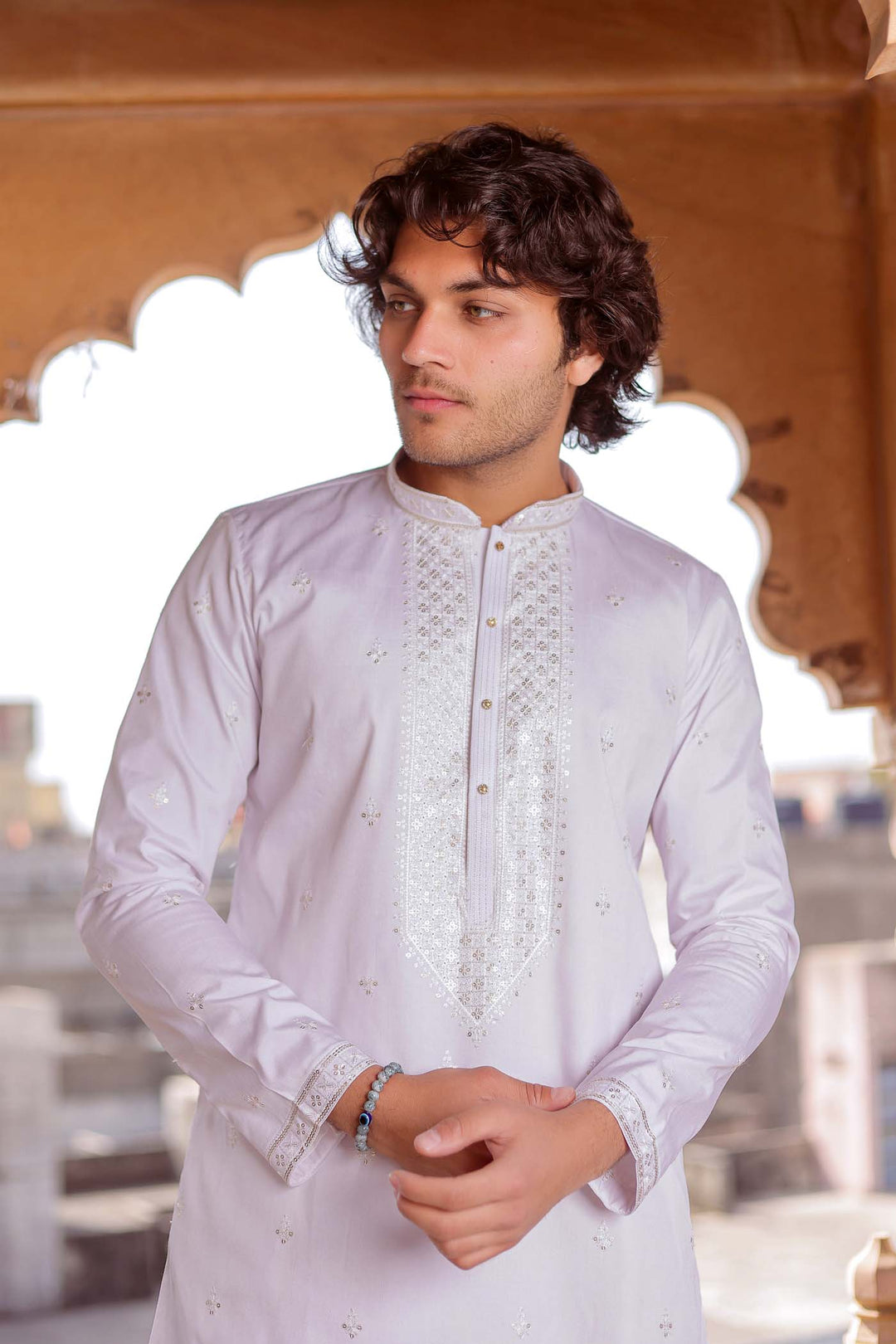 White Rayon Silk Kurta Suit With Sequin Embroidery.