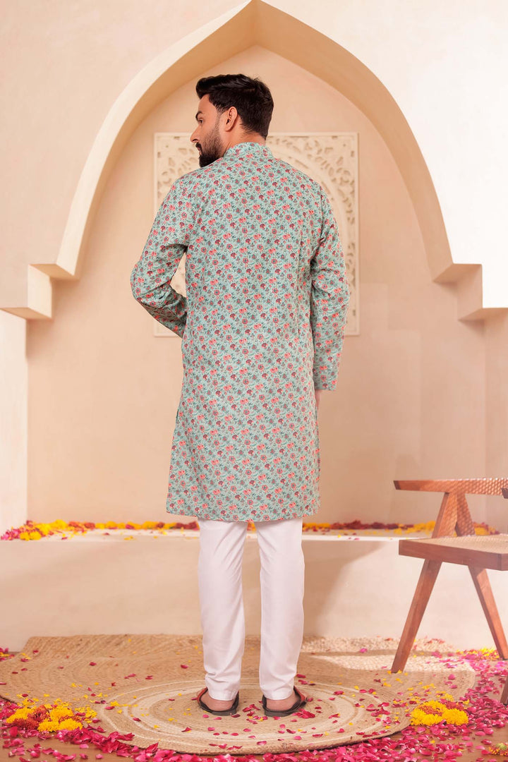 Green Floral Print Silk Kurta Suit.
