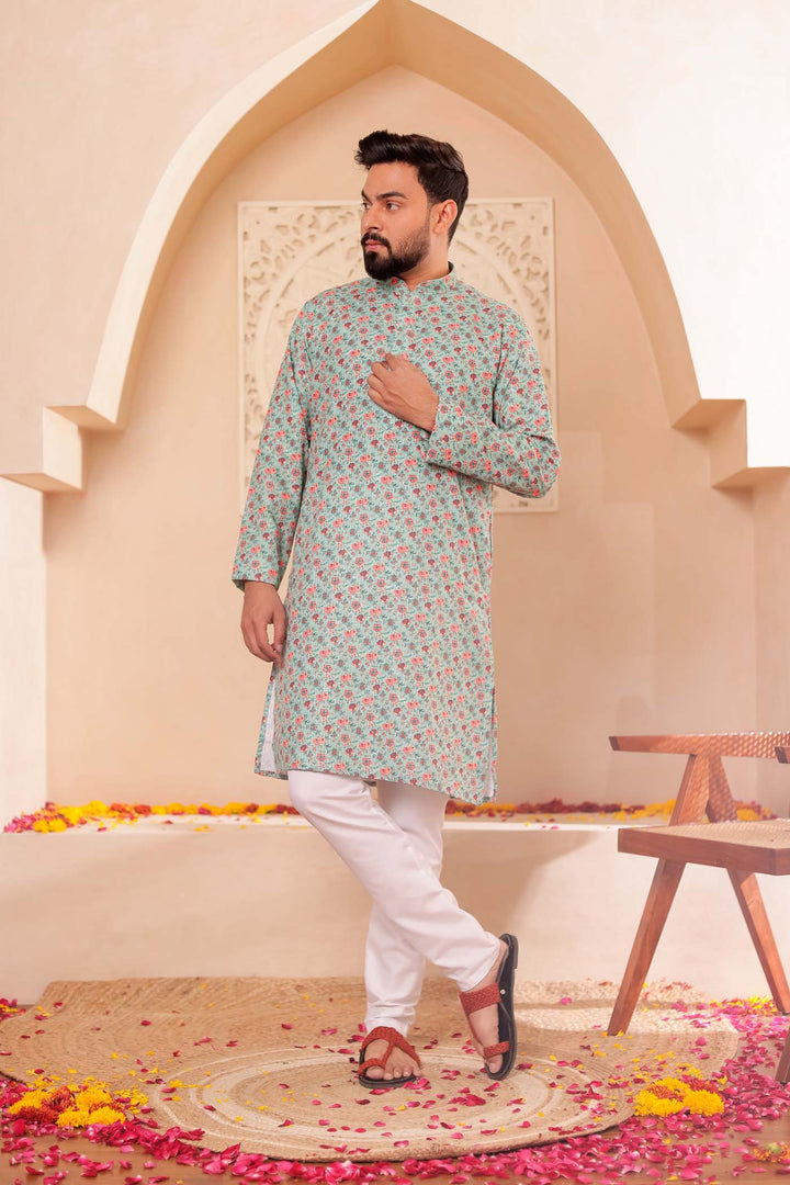 Green Floral Print Silk Kurta Suit.