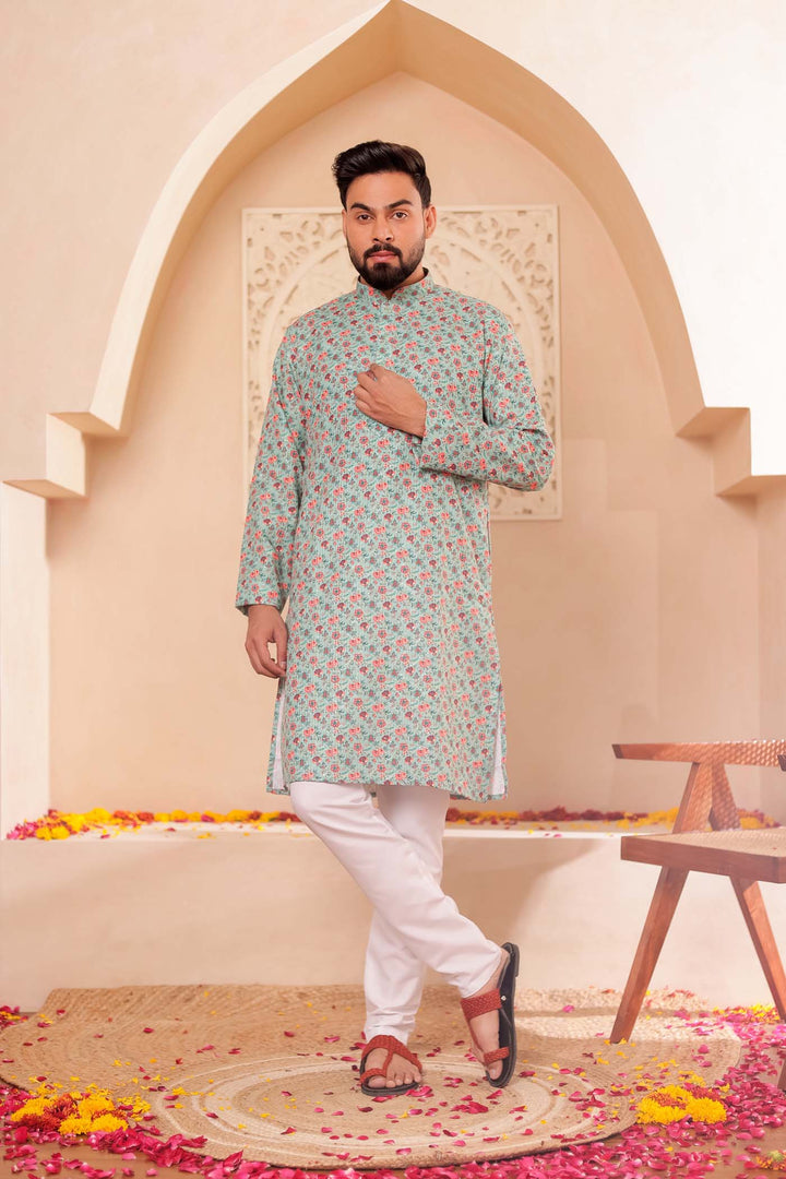 Green Floral Print Silk Kurta Suit.