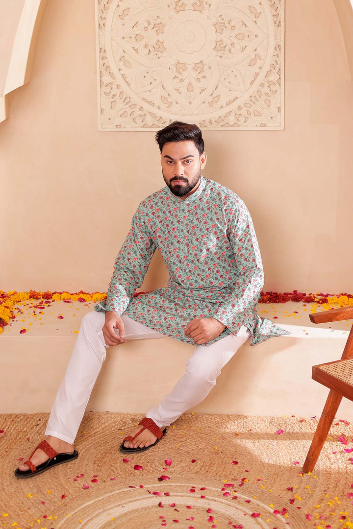 Green Floral Print Silk Kurta Suit.