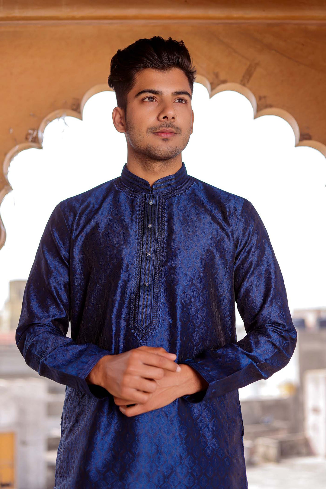 Midnight Blue Brocade Silk Kurta Suit With Delicate Dori Work On The Neckline.