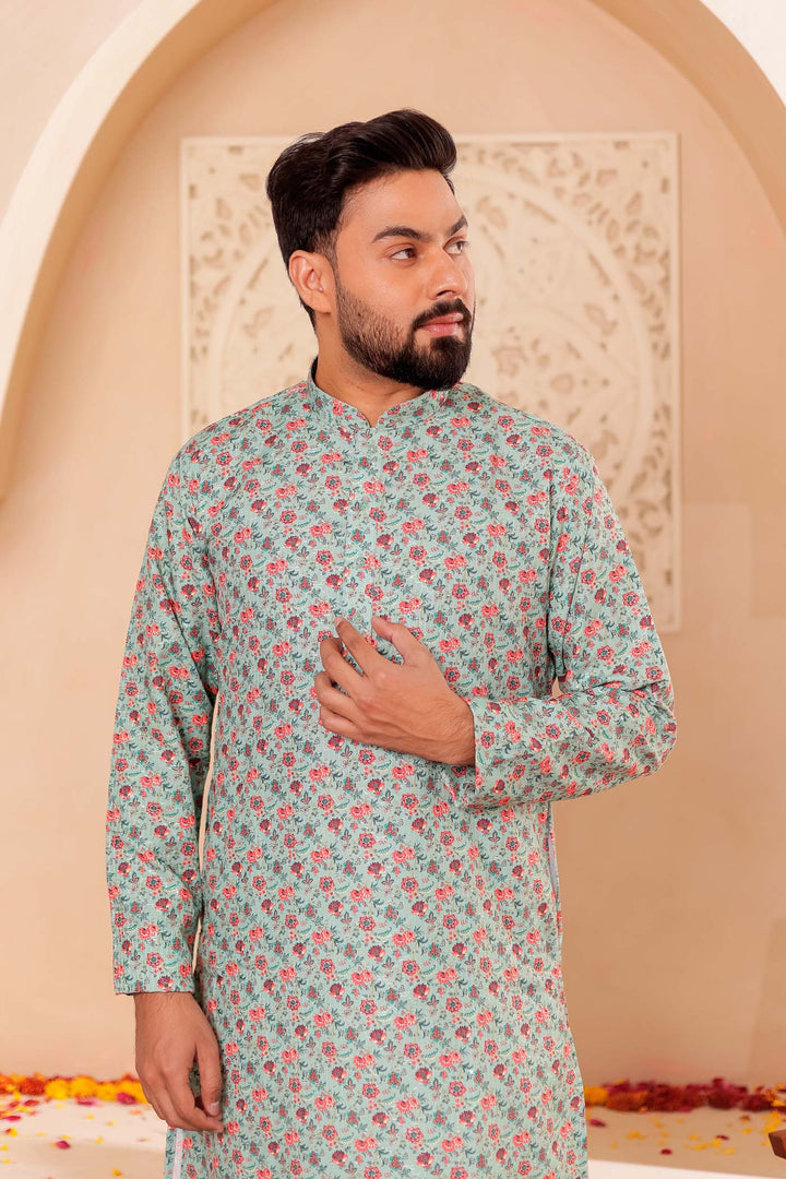 Green Floral Print Silk Kurta Suit.