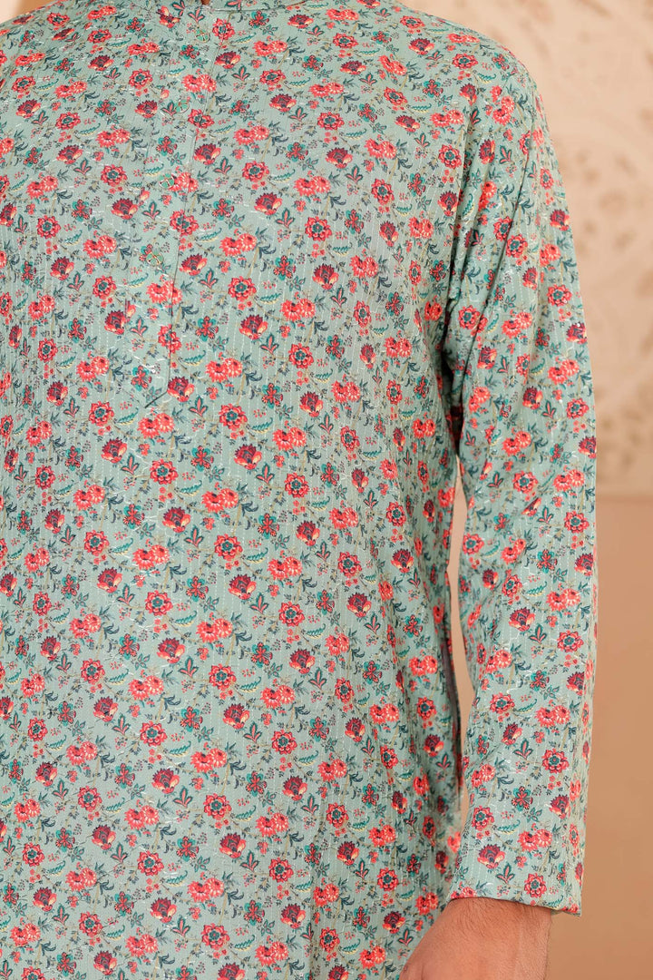 Green Floral Print Silk Kurta Suit.