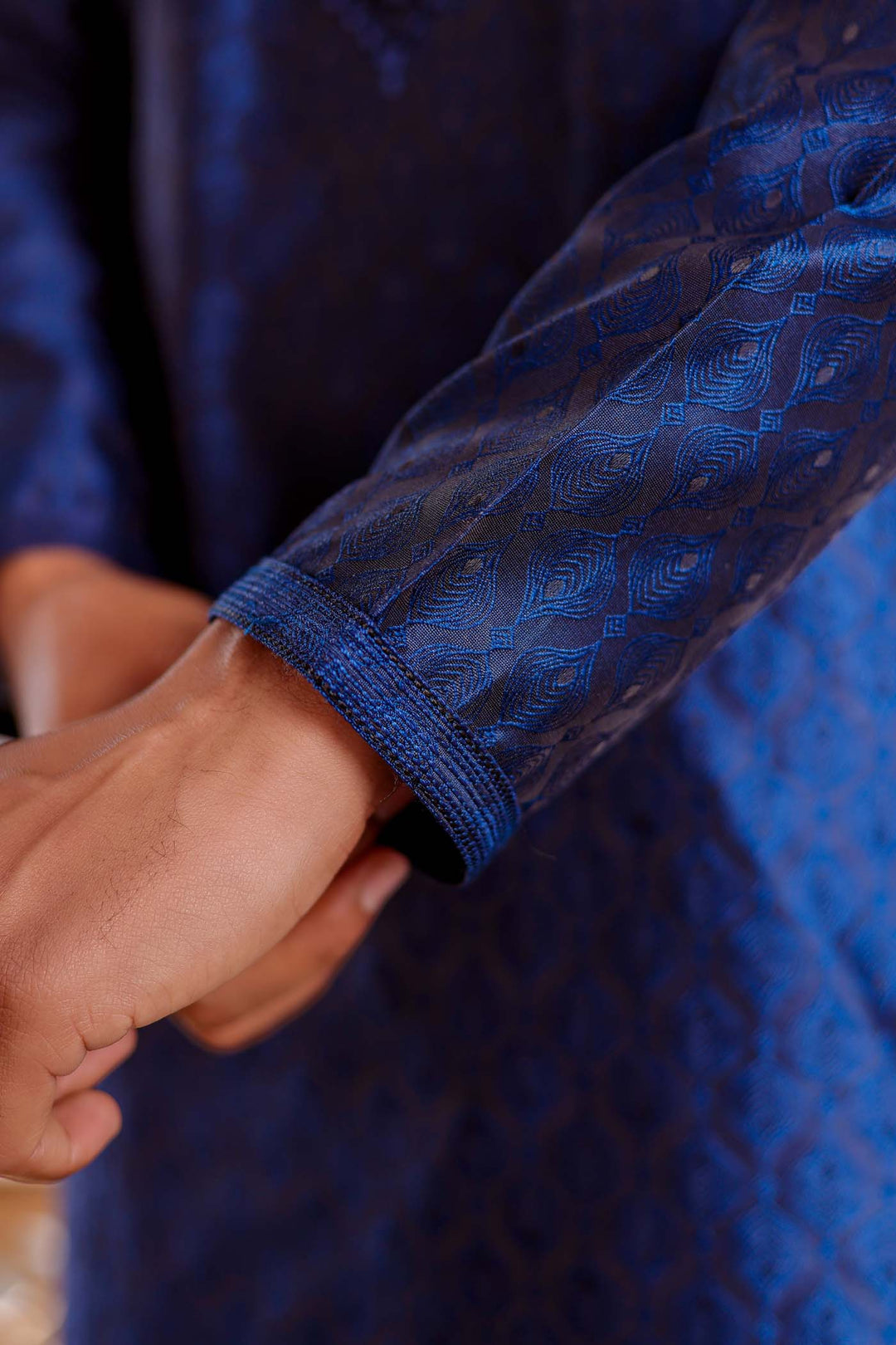 Midnight Blue Brocade Silk Kurta Suit With Delicate Dori Work On The Neckline.