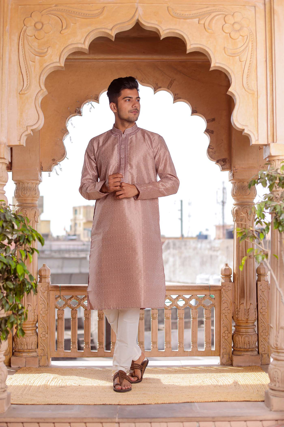 Light Brown Brocade Silk Kurta Suit With Delicate Dori Work On The Neckline.