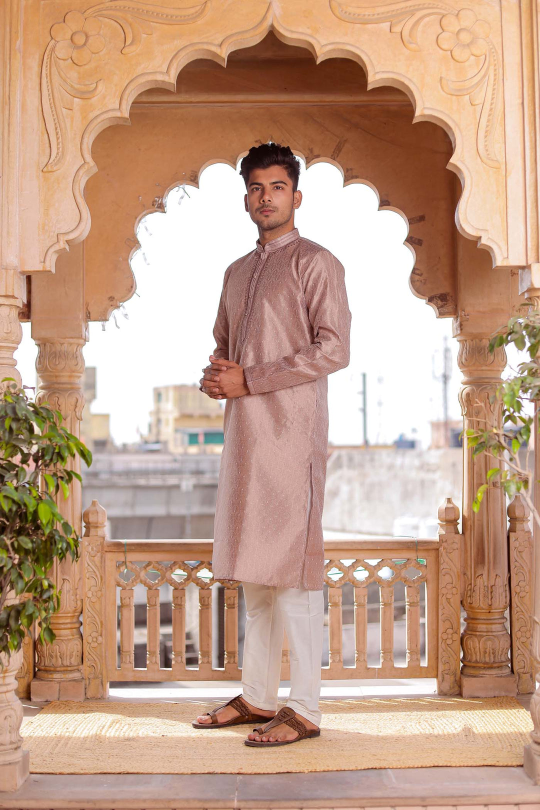 Light Brown Brocade Silk Kurta Suit With Delicate Dori Work On The Neckline.