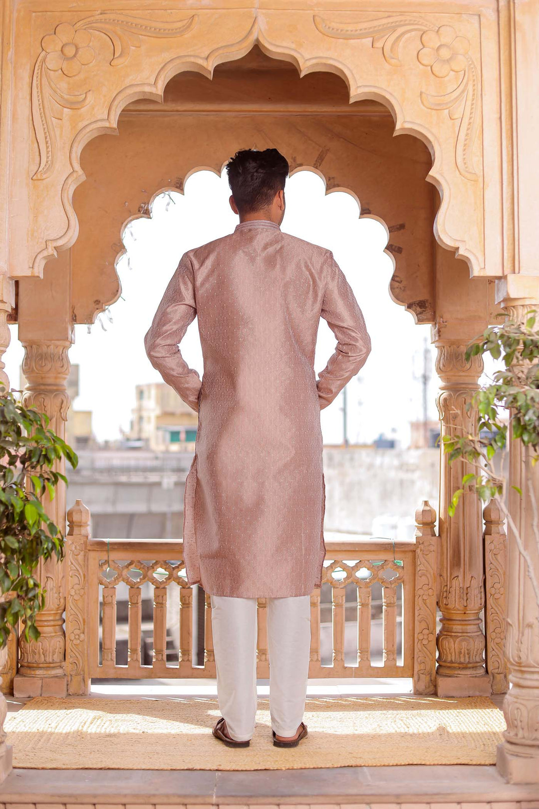 Light Brown Brocade Silk Kurta Suit With Delicate Dori Work On The Neckline.