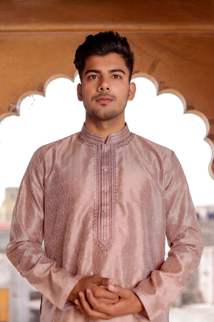 Light Brown Brocade Silk Kurta Suit With Delicate Dori Work On The Neckline.