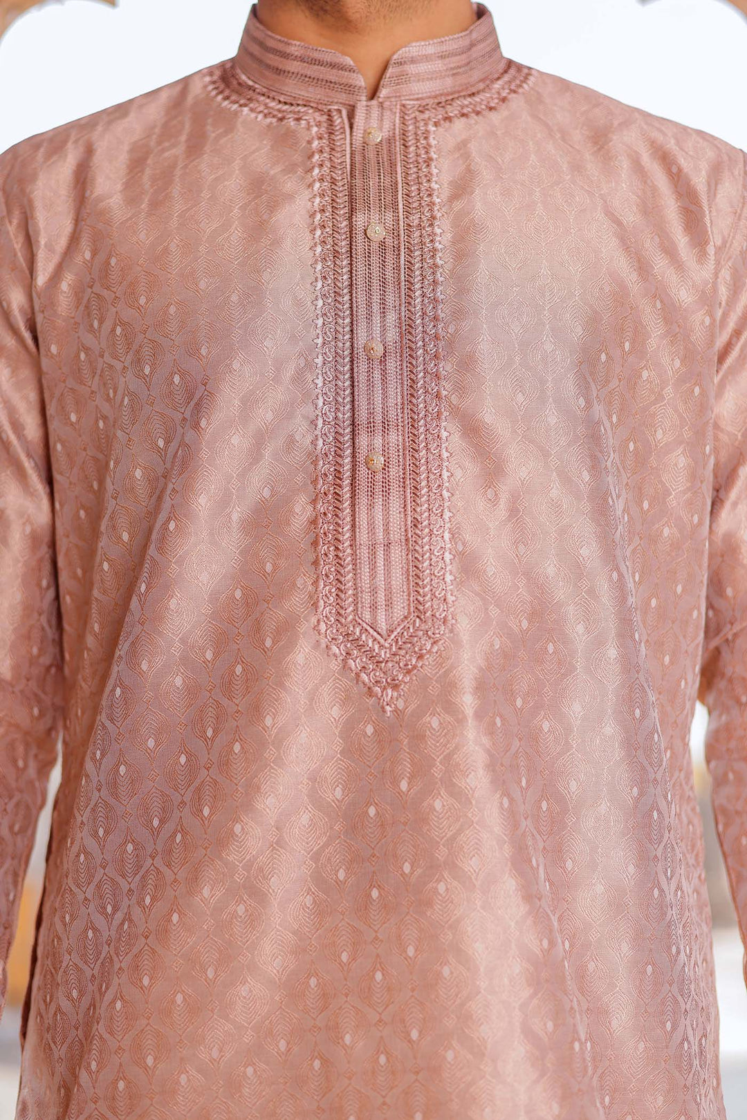 Light Brown Brocade Silk Kurta Suit With Delicate Dori Work On The Neckline.