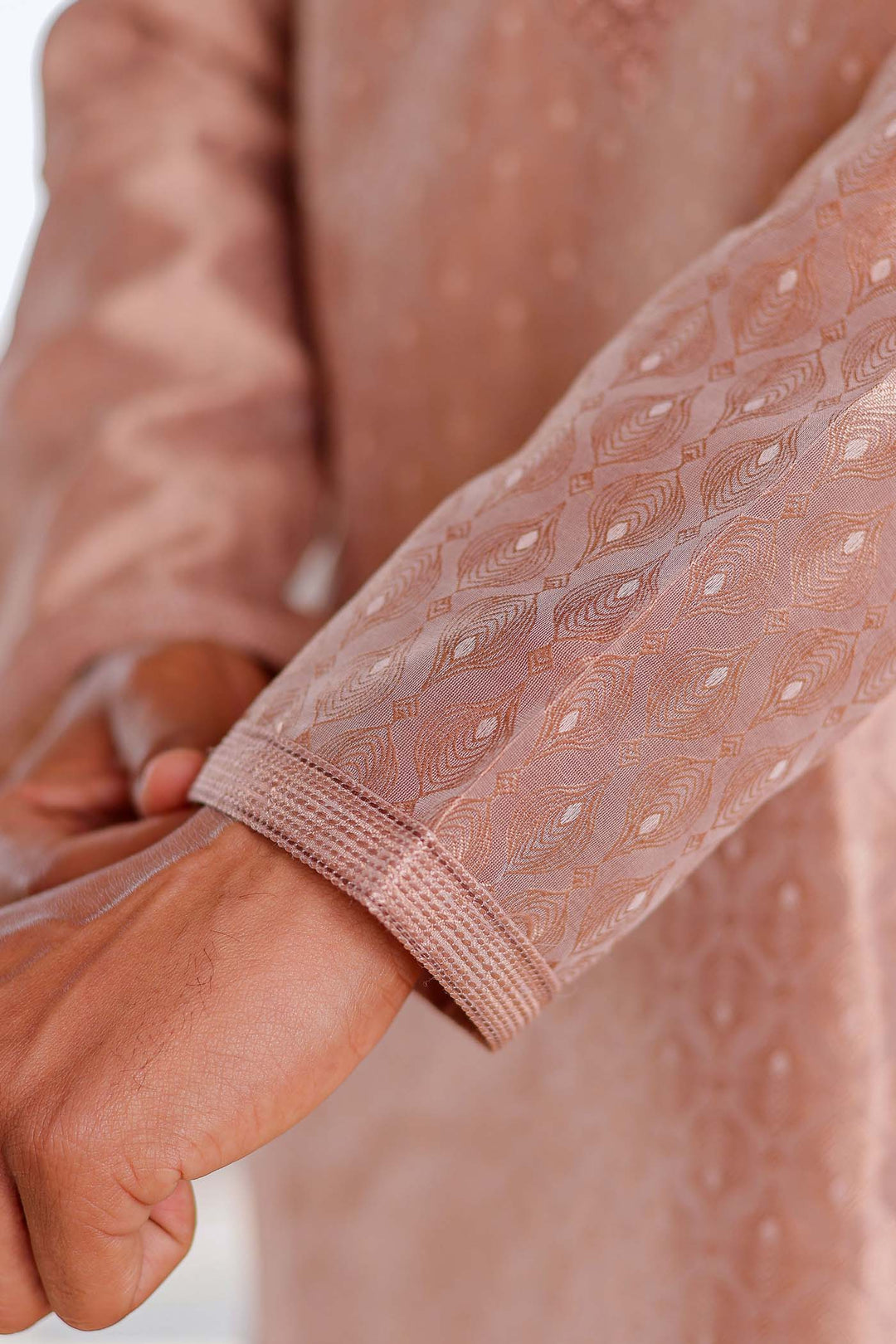 Light Brown Brocade Silk Kurta Suit With Delicate Dori Work On The Neckline.