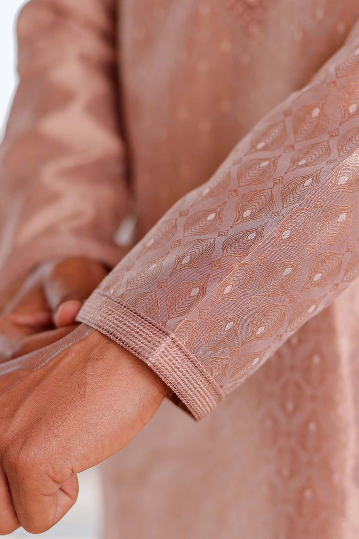 Light Brown Brocade Silk Kurta Suit With Delicate Dori Work On The Neckline.
