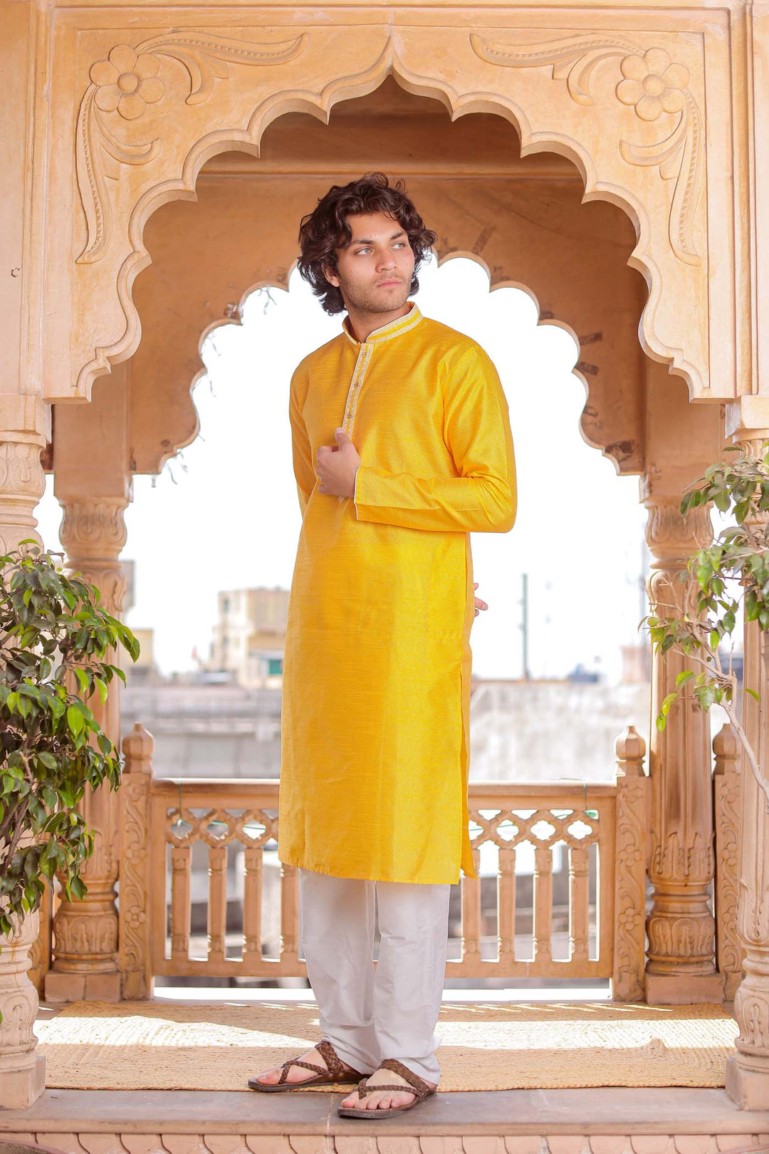 Yellow Brocade Silk Kurta Suit With Gold Zari Work.