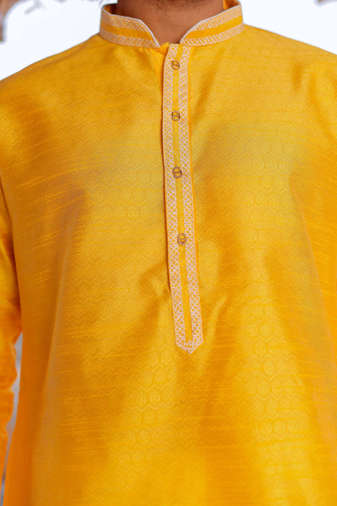 Yellow Brocade Silk Kurta Suit With Gold Zari Work.