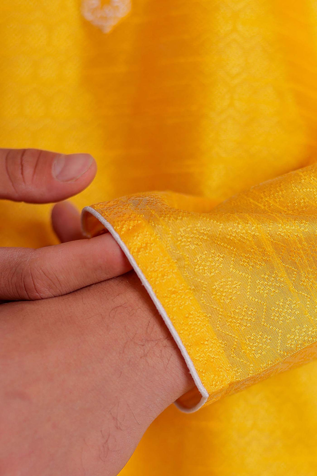 Yellow Brocade Silk Kurta Suit With Gold Zari Work.