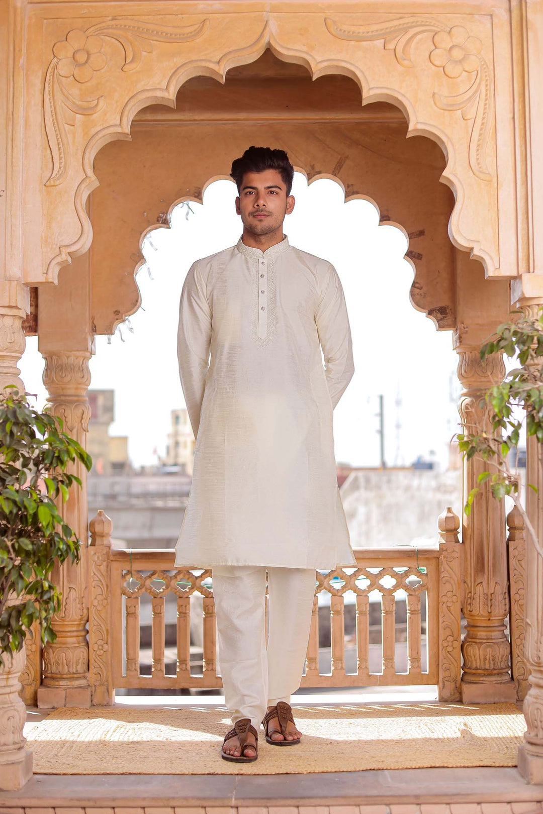 Cream Dupion Silk Kurt Suit.