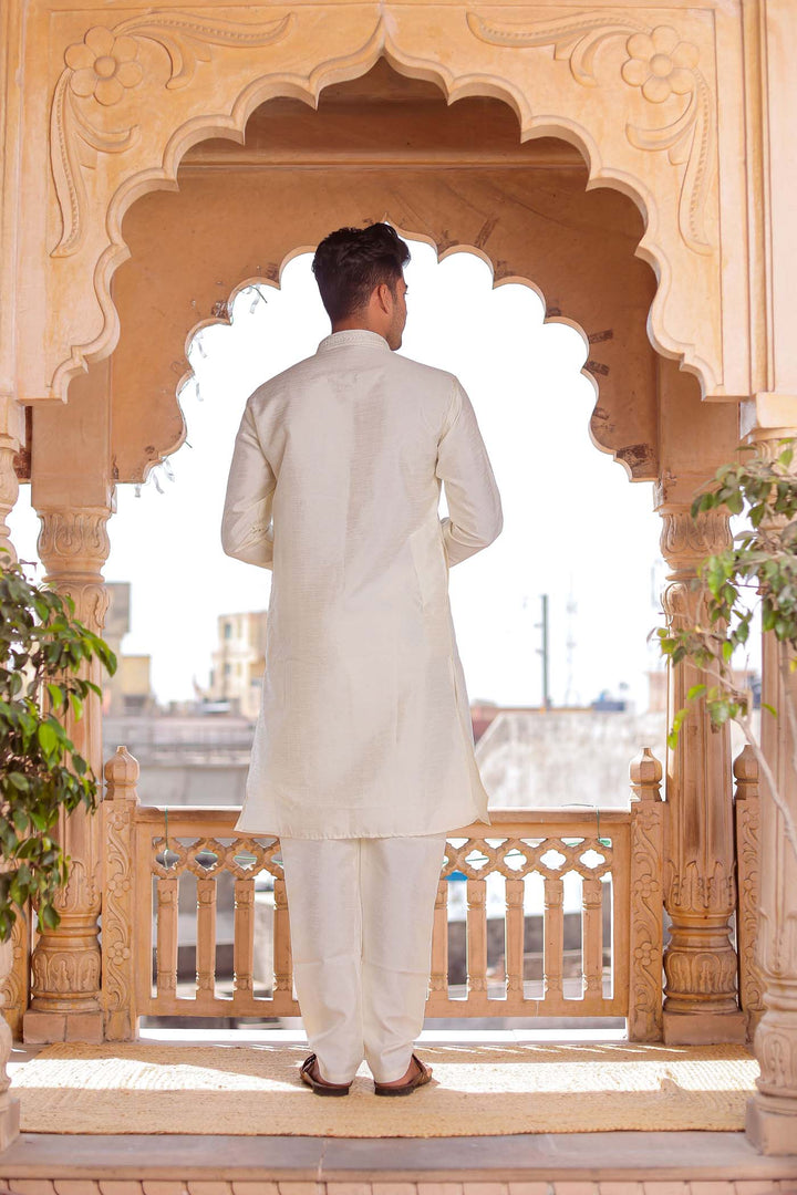 Cream Dupion Silk Kurt Suit.