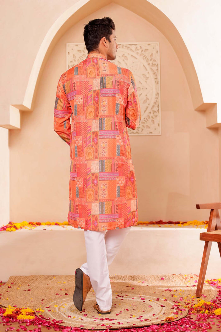 Orange Multi Colour Silk Kurta Suit.