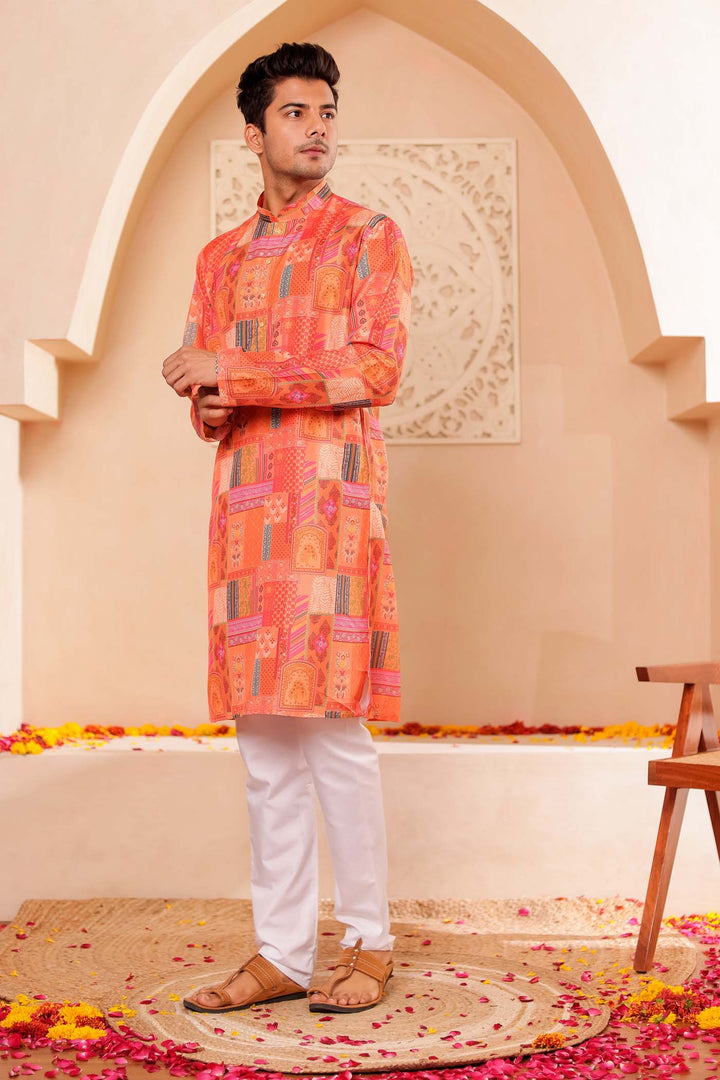 Orange Multi Colour Silk Kurta Suit.