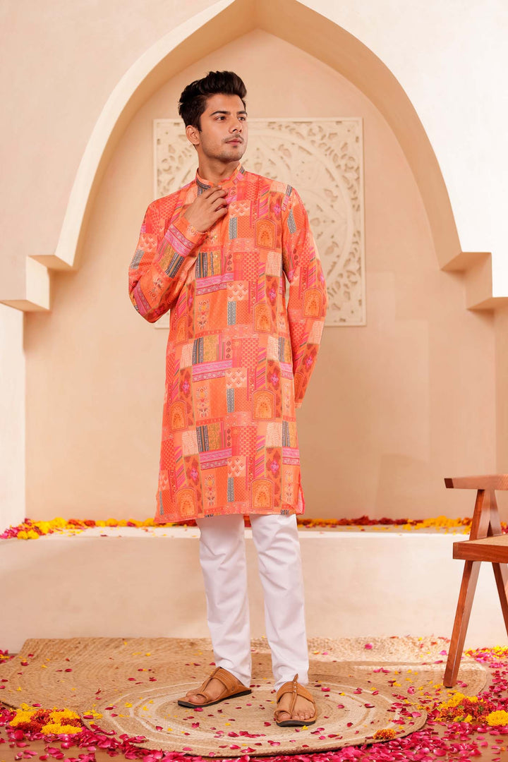 Orange Multi Colour Silk Kurta Suit.
