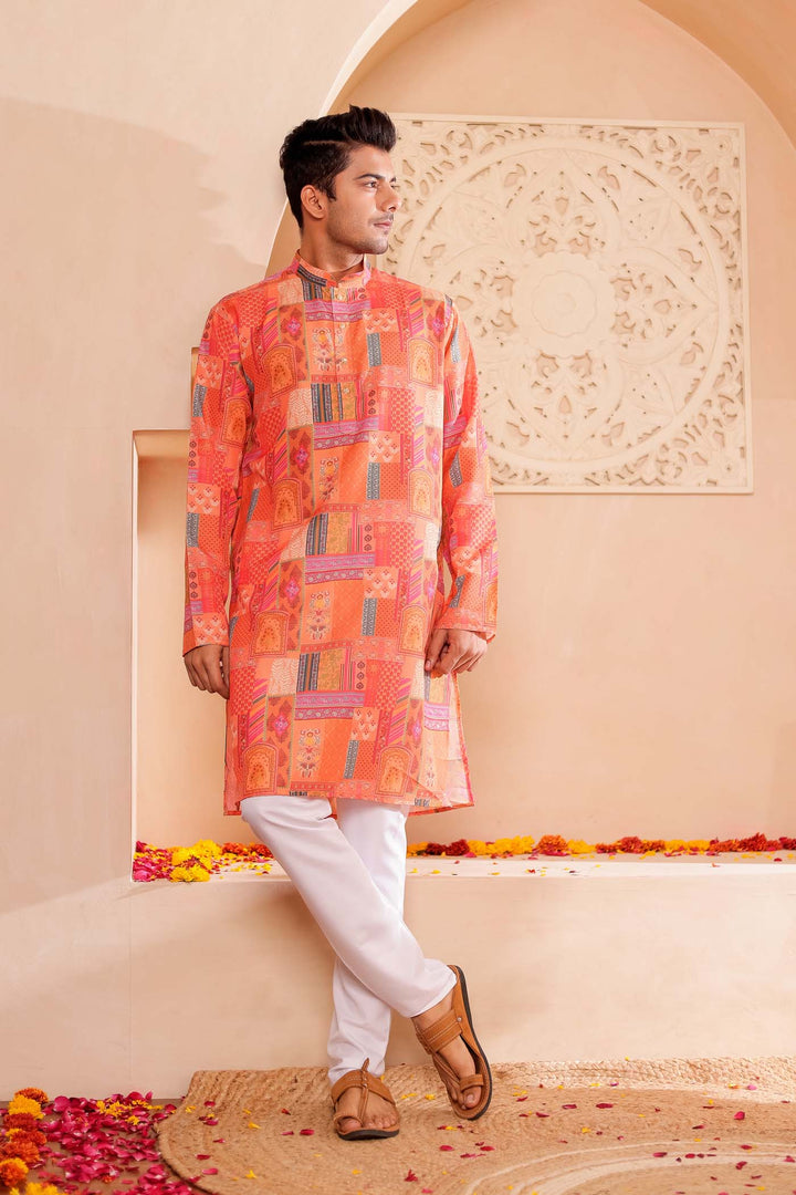 Orange Multi Colour Silk Kurta Suit.