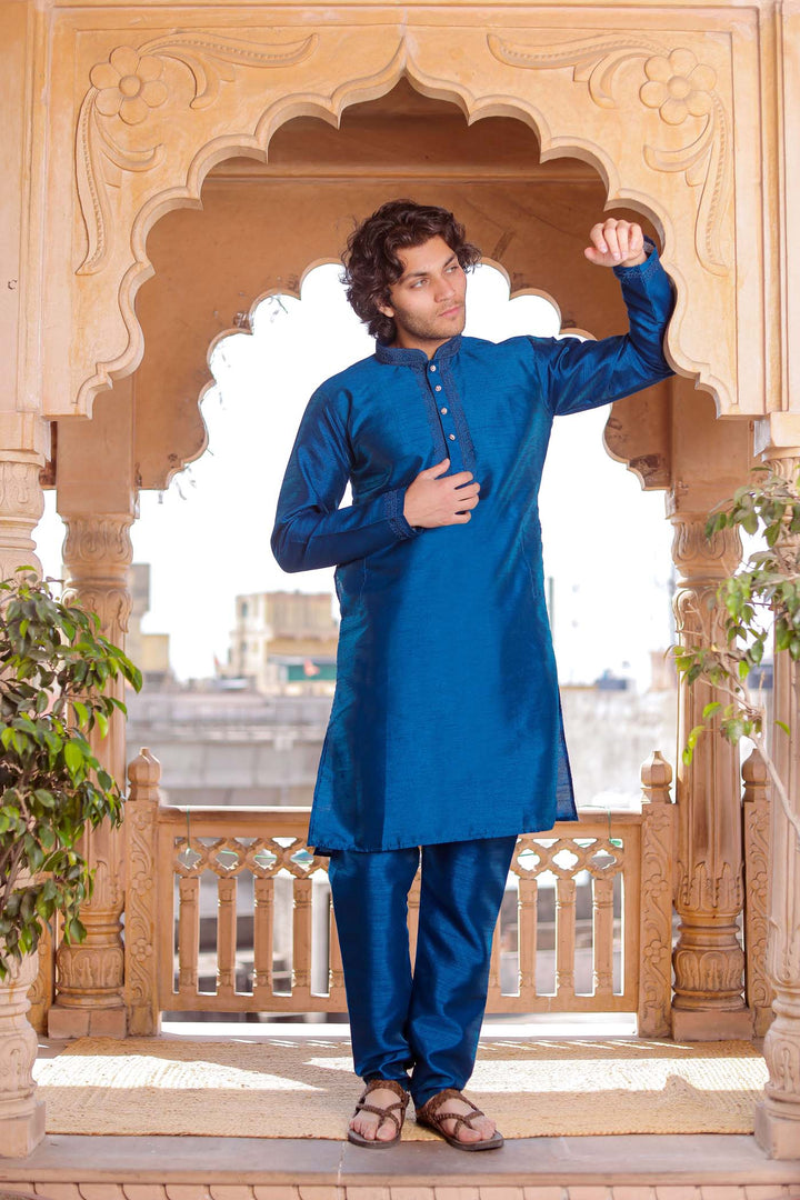 Midnight Blue Dupion Silk Kurt Suit.