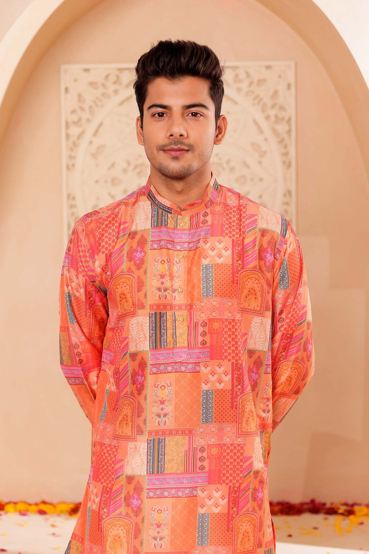 Orange Multi Colour Silk Kurta Suit.