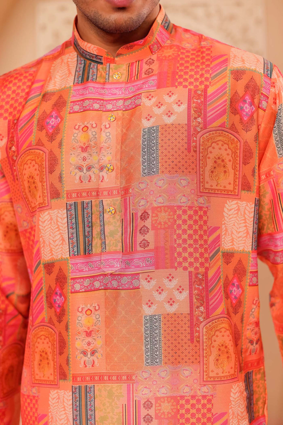 Orange Multi Colour Silk Kurta Suit.