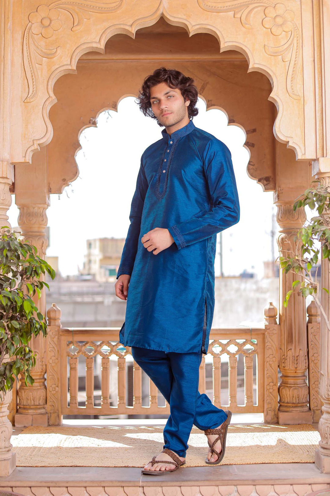 Midnight Blue Dupion Silk Kurt Suit.