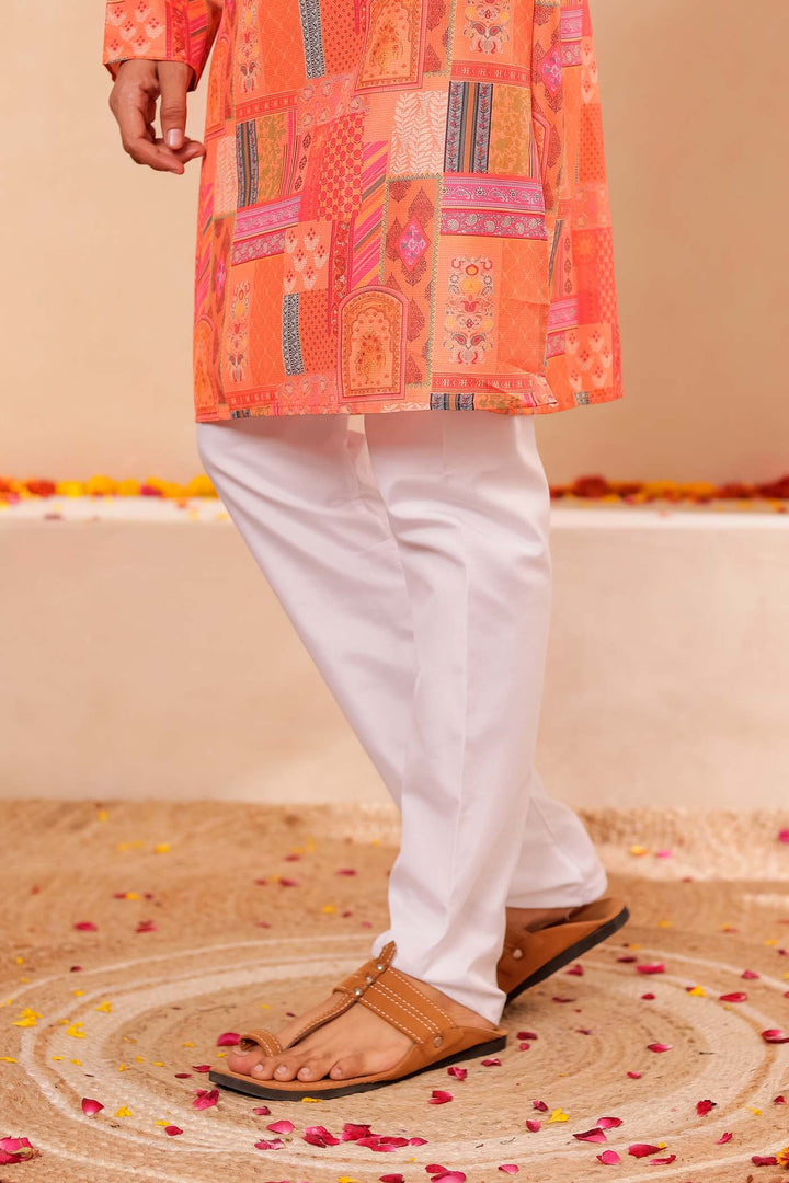 Orange Multi Colour Silk Kurta Suit.